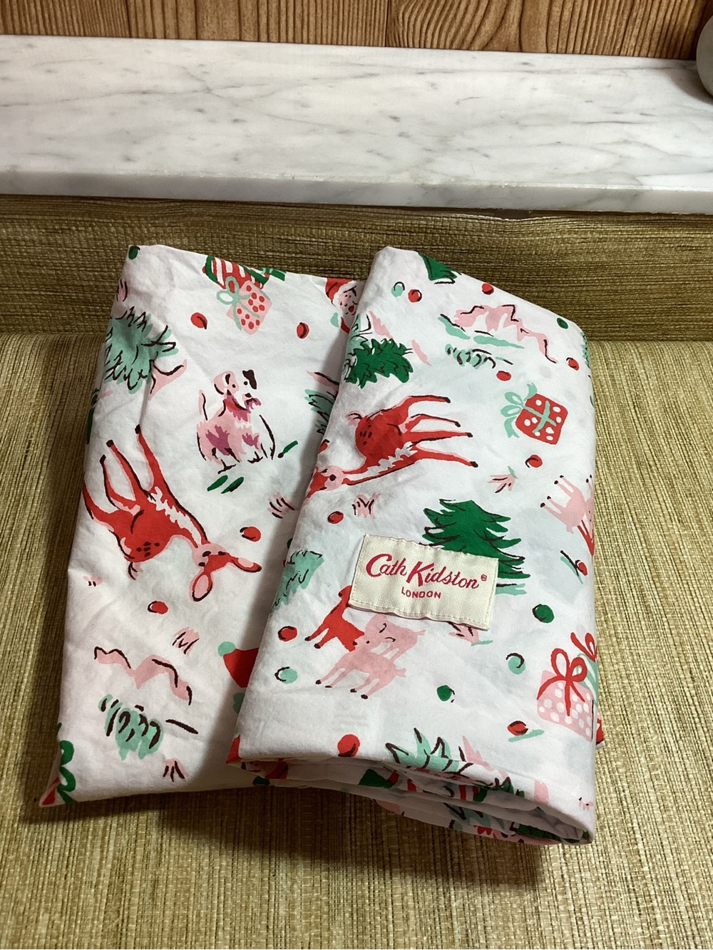 Cath Kidston Pillow Case Set in White with Red & Green Holiday Print